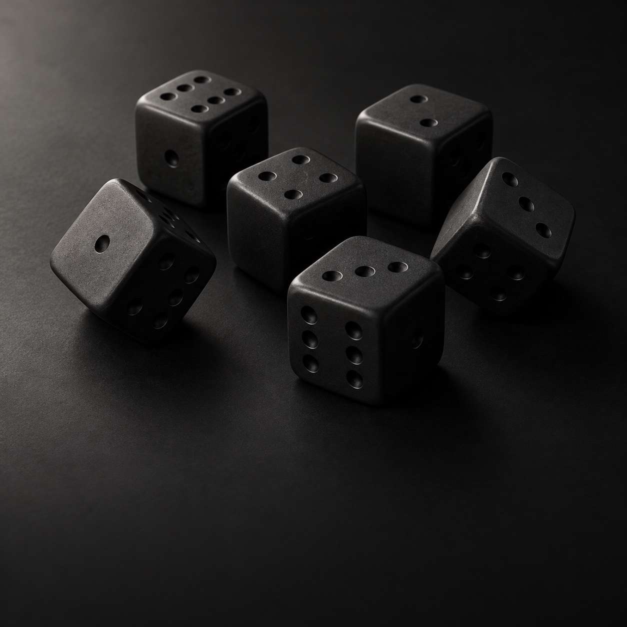 Matte charcoal dice arranged as a sculptural still life