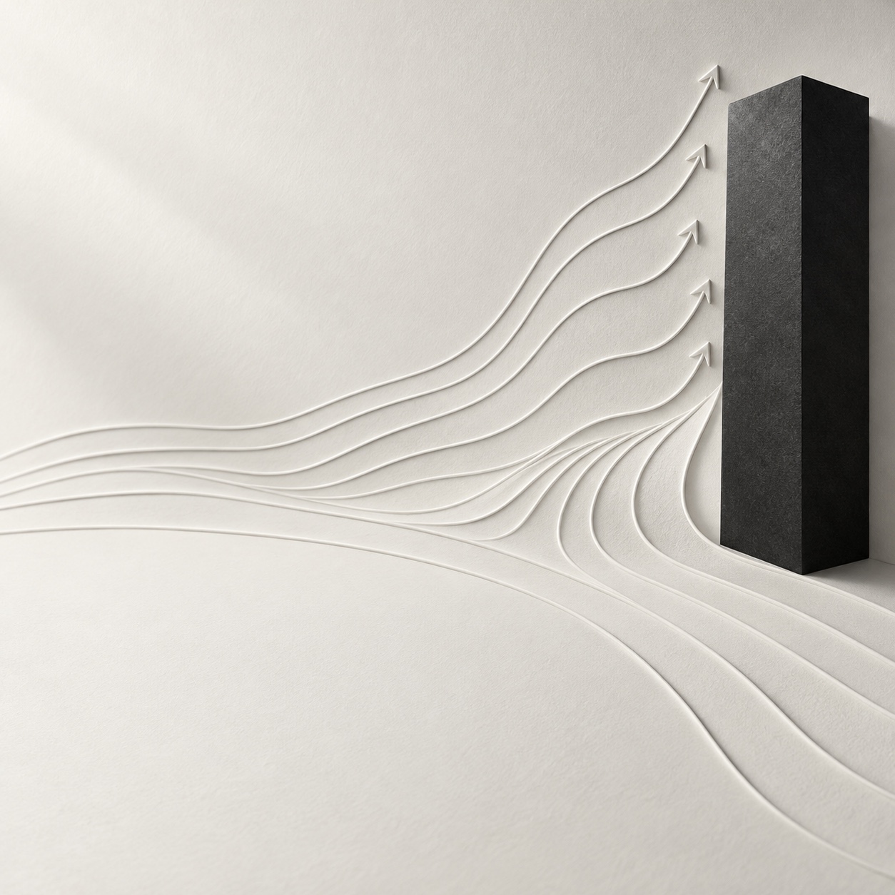 Embossed upward contours beside a dark vertical block