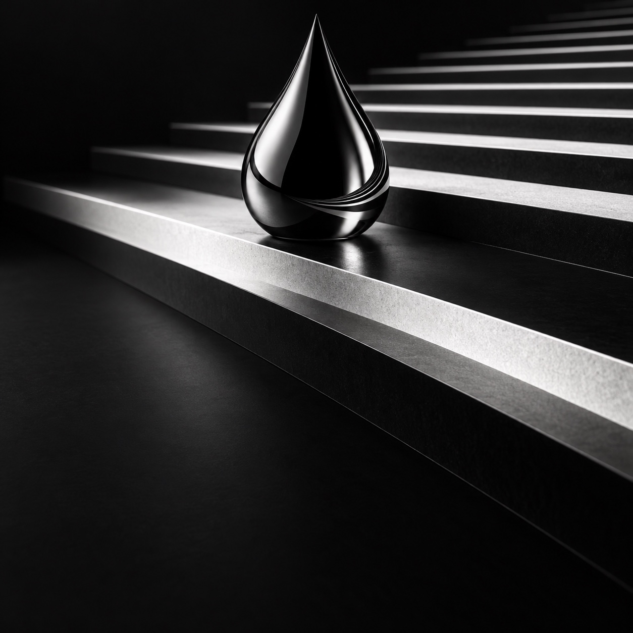 A black sculptural droplet on stepped monochrome lines
